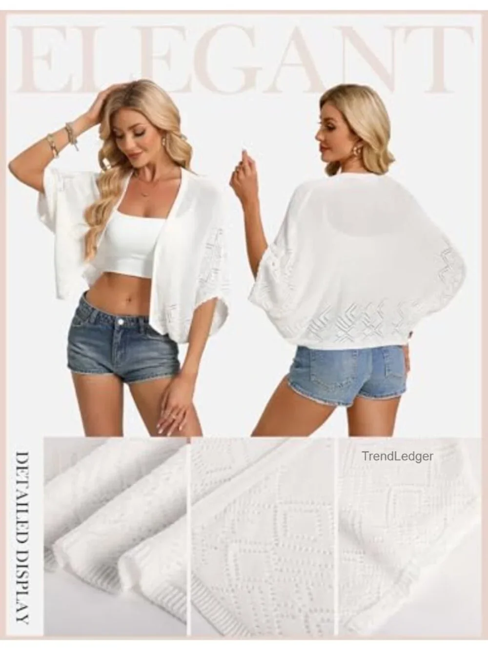 Crochet Batwing Cardigan Open Front Lightweight 3/4 Sleeve Summer Shrug